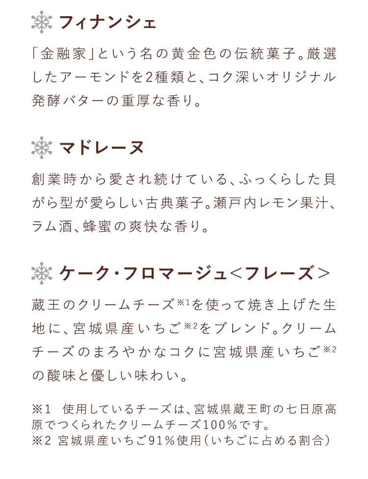 フィナンシェ 「金融家」という名の黄金色の伝統菓子。厳選したアーモンドを2種類と、コク深いオリジナル発酵バターの重厚な香り。 マドレーヌ 創業時から愛され続けている、ふっくらした貝がら型が愛らしい古典菓子。瀬戸内レモン果汁、 ラム酒、蜂蜜の爽快な香り。 ケーク・フロマージュ＜フレーズ＞ 蔵王のクリームチーズ ※1を使って焼き上げた生地に、宮城県産いちご ※2をブレンド。クリームチーズのまろやかなコクに宮城県産いちご ※2 の酸味と優しい味わい。 ※1 使用しているチーズは、宮城県蔵王町の七日原高原でつくられたクリームチーズ100%です。 ※2 宮城県産いちご91%使用(いちごに占める割合)